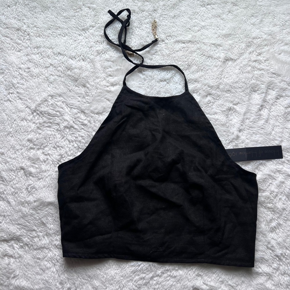 House of Harlow 1960 Black Linen Halter Crop Top Tassel Chain Accents Size 2 NEW